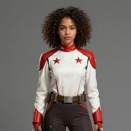 portrait of a woman by greg rutkowski, mulato, curly hair, tall and slender, attractive, she is about 2 0 years old, wearing the white and red starfighter pilot uniform of the galactic triunvirate, star wars expanded universe, highly detailed portrait, digital painting, artstation, concept art, smooth, sharp foccus ilustration, artstation hq