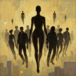 cyberpunk, many silouettes of flying people, like superheroes, group, atmospheric lighting, painted, intricate, golden hour, ultra detailed by peter gric, giger, enki bilal