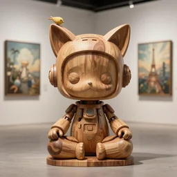 3D octane render ultra 8K photorealistic highly  hyperdetailed unreal engine ,a wooden sculpture ,art toys on feet ,very cute robot mystic with bird and cat ears zen meditation cyberpunk concept art ,trending on cgsociety ,artwork masterpiece , a on contemporary art gallery and néo Paris by Robert Crumb