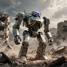 color video footage, large robots as tank, walking in the bombed city,