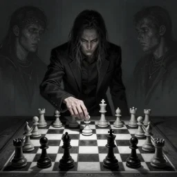 ominous figure playing on a chessboard of the mind, symmetry, WLOP, Rossdraws, James Jean, Andrei Riabovitchev, Marc Simonetti, Yoshitaka Amano, digital art, artstation