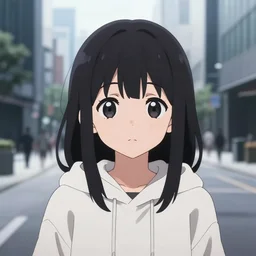 anime visual, portrait of a young black haired girl wearing hoodie on the modern city street background, cute face by yoh yoshinari, katsura masakazu, studio dramatic lighting, zoom out, ilya kuvshinov, crisp and sharp, rounded eyes, bright daylight moody