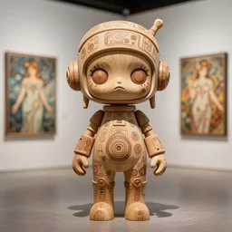 8 k octane render sculpture photorealistic beautiful character wooden design, art toys collectible figurine, very cute occult android cyberpunk, comtenporary art gallery in background concept art cgsociety style doodle alphonse mucha