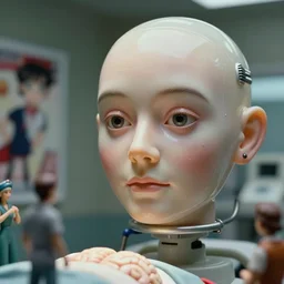 beautiful hyperrealism three point perspective film still of  medical face hugger brain surgery scene in Alice in Wonderland(1950) extreme closeup portrait in style of 1990s frontiers in translucent porclein miniature street photography seinen manga fashion edition, miniature porcelain model, focus on face, eye contact, tilt shift style scene background, soft lighting, Kodak Portra 400, cinematic style, telephoto