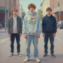 still from music video, knight, wearing a hoodie and flowers, street clothes, full figure portrait painting by martine johanna, ilya kuvshinov, rossdraws, pastel color palette, 2 4 mm lens