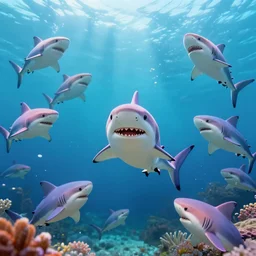 hyper realistic cute little sharks everywhere are swimming under vast sea, by simon stalenhag,, high fantasy, cgsociety, cheerful colours, full length, exquisite detail, post - processing, masterpiece, cinematic, 4 k, 8 k