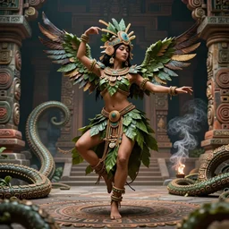 an immaculate render of a dancing mayan goddess adorned with leaves and cables and bird wings parts, dancing in a temple surrounded by wild tentacles made from mandalas and incense smoke, full body, perfect face, powerful, cinematic, beautifully lit, by artgerm, by karol bak, 3 d, trending on artstation, octane render, 8 k