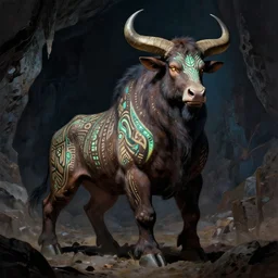 midjourney art style art deco shaded painted full body illustration of a male minotaur with glowing tribal skin markings in a dark cave environment with a bovine head, painterly, detailed by ralph mcquarrie
