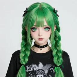 kawaii goth girl with long green dreads, inspired by lisa frank, anime, detailed anime, hyper realistic anime, realistic anime, manga anime, chibi anime, detailed, highly detailed, hd, 4 k, sharp, clear, high res, high quality, cinematic, 2 point studio lighting,