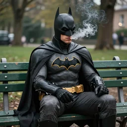 batman and alf smoking a cigarette sitting on a green park bench, ultra realistic photo, 8 k resolution, movie escene, 3 5 mm, lens real depth
