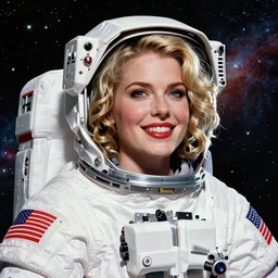 highly detailed portrait of a hopeful pretty astronaut lady with a wavy blonde hair, by Andy Warhol, 4k resolution, nier:automata inspired, bravely default inspired, vibrant but dreary but upflifting red, black and white color scheme!!! ((Space nebula background))