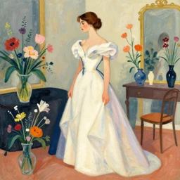 european woman in a gown getting ready for a party, bloom flowers, modern, eclectic, illustration, by ramon casas