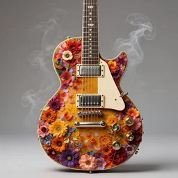 high intricate detailed commercial photo of a gibson electric guitar body covered in colorful flowers and smoke, golden ratio, rule of thirds, flowerpunk, majestic, elegant, by lea leonowicz, by maks trofimov, by jenny brozek, by johannes wessmark