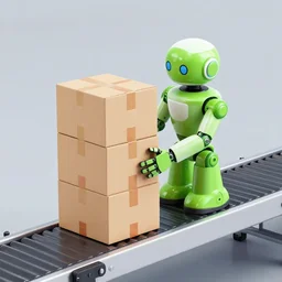 A robot is stacking boxes on a conveyor belt. The robot is a bright green and has a white stripe down its middle. It is stacking the boxes on the belt so that they are in a neat pile. The box that the robot is currently stacking has a red sticker on it. vray, photorealism, Octane Render.