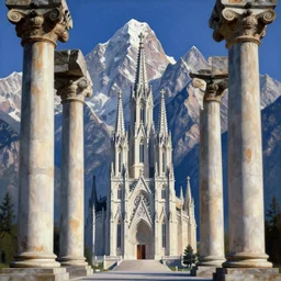 landscape mountains with colums on the sides, large ancient giant colums, gothic architecture, church of the gods, mountains, sharp focus, smooth, clean, in the style of david bomberg