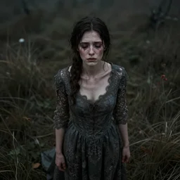 cinestill 5 0 d aerial field portrait of a woman by roversi, gritty, gloomy, pain, sad, intricate, elegant, sharp focus, artstation, dress in lace, pale dark matte, sharp focus, illustration, octane render, unreal engine, art by roberto ferri and greg rutkowski, epic fantasy, digital photo art