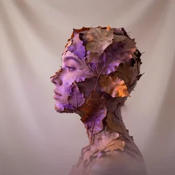 sideview woman face made of dry leaves, violet and orange light, foggy milk silk background