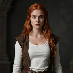 a portrait of a white woman in her twenties, she has long orange brown hair, white long tanktop, brown vest, medieval, style by donato giancola, wayne reynolds, jeff easley dramatic light, high detail, cinematic lighting, artstation, dungeons and dragons