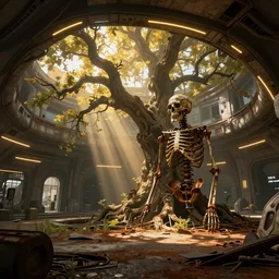 a rusty metal skeleton in the interior of an old abandoned sci - fi hangar an old oak tree grows inside the courtyard golden rays of sunlight enter through the window gold neon lights digital art trending artstation