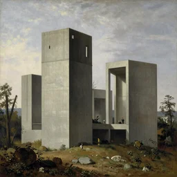 classical landscape paintings of brutalist concrete structures, by eugene von guerard and peter gric