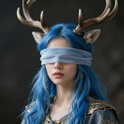 A young female shaman, blue hair and antlers on her head. blindfolded, heilung, in the style of Heather Theurer, headshot photoshoot, insanely detailed and intricate, beautiful, elegant, cinematic toplight, portrait, headroom, artstation, karol bak