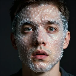 dramatic closeup a man who's face is made of bubble wrap plastic, he looks terrified, realistic photoshop