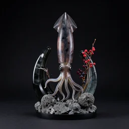 sculpture of a squid and berries, ikebana, photorealistic, centred, black background, obsidian and glass and pumice, zen, trending on artstation