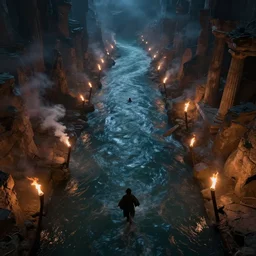 the greek underworld, river, smoke, torches, accent lighting, overhead view, dramatic, by wlop, feng zhu, artgerm, artstation, ayami kojima, 1 6 k, wide angle