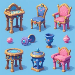 game asset of elven furniture and decoration, in gouache detailed paintings, props, stylized, 2 d sprites, kitbash, arcane, overwatch, blue and pink color scheme, 8 k, close up