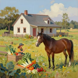 gorgeous old classic farm, vegetables, one beautiful horse, cute farmhouse, slightly vibrant palette, trending on artstation, digital art, oil on canvas, by lulu chen and lynn chen