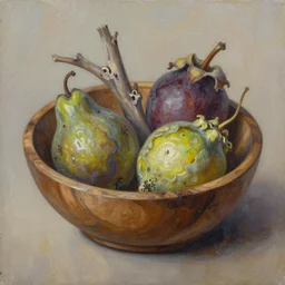 a wooden bowl with alien fruits, oil painting, dead nature study