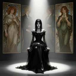 digital concept art by artgerm, tooth wu, bierstadt, gurney, stalenhag and alphonse mucha. just one lonely black tape project attractive gothic girl!! full body!! contour light effect!! 8 k, stage light. octane render. sharp edge. ultra clear detailed, sitting pose