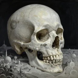 a surreal and awe - inspiring science fiction landscape, moon in the sky looks like a skull, intricate, elegant, highly detailed matte painting by george bellows and simon stalenhag