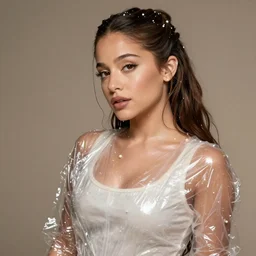 ariana grande wearing a risque outfit made from cling film, half body portrait, greg kutkowski, sharp details, soft lighting, subsurface scattering, pearls of sweat, glistening skin, warm lighting