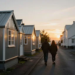 a couple, green house, quiet street, reykjavik, sunset lighting, rim light, hyper realistic, 1 0 5 mm, cinematic frame