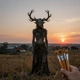 golem, field, mystery, matte painting, brushes, sunset, village