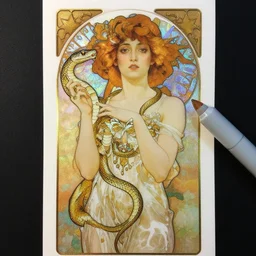 an art nouveau copic maker holographic portrait of a woman holding a snake by john berkey by stanley artgerm lau, alphonse mucha, loish, norman rockwell