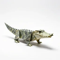 origami alligator, high detail photograph, full body, isolated on a pure white background, centered, entire subject in frame, sharp focus, soft studio lighting