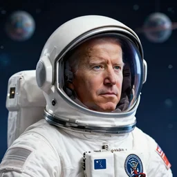 joe biden 2 6 years old astronaut, retro space helmet, forbidden planet 1 9 5 6, retro futurism 1 9 5 0 s, half portrait by stanley artgerm, dramatic lighting, ilya kuvshinov, trending on artstation, flat colour, geometric curves, gradient filter, pleasing tone colours, space walk, by conrad roset