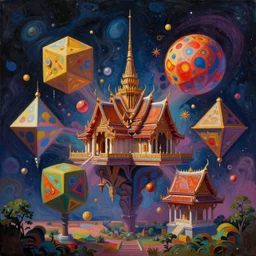a hyperdetailed acrylic painting of vibrant vectors forming impossible twelve dimensional shapes that transcend space and time, ambient occlusion, 3 d model, magical realism inspired by ancient architecture of thailand, trending on artstation, unreal engine 5, 8 k render, highest quality,