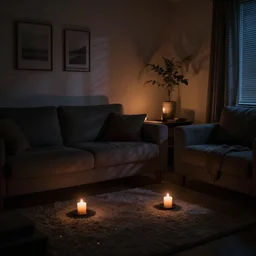 dark dreamy living room at night, candlelight, defined shadows