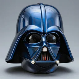 a photo of a chrome blue darth vader helmet very detailed