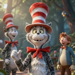 complex 3 d render, hyper detailed, ultra sharp, of the cat in the hat, scary, funny, cinematic, natural soft light, rim light, art by greg rutkowski and craig mullins and moebius, dr seuss