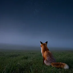 A fox sitting stop a grassy hill watching the shooting stars pierce the midnight fog, view from behind, looking at the night sky