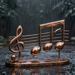 a polished bronze sculpture of music notation, three quater notes, art installation, cinematic light, rain, 8 k, unreal render, reflections,