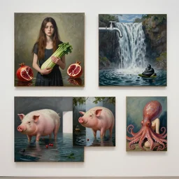 art gallery with 4 paintings, painting of a tall emo girl holding a courgette in a flooded art gallery, paintings on the wall, pomegranates, waterfall, dripping faucet, pigs, octopus, berries, zen, sensual, surrealist, by magritte and monet