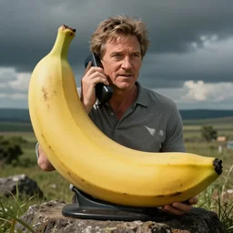 harrison ford talking on banana shaped phone photorealistic