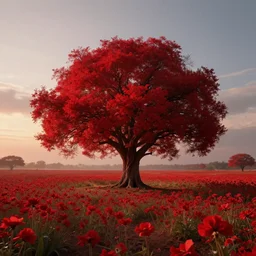 a single big red tree in the middle of a battlefield near a bunch of red flowers at sunrise, hyperrealistic, concept art, octane render, unreal engine 5, trending on Artstation, high quality, 8K, dramatic lighting, cinematic, high coherence, highly detailed, Midjourney style, epic scene, path traced, low contrast, complementary colors