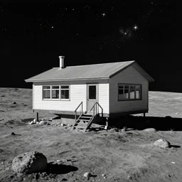 Soviet space art depicting a mid-century house built on the moon, stylized starfield background