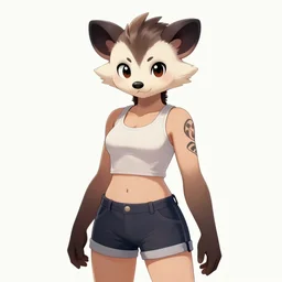 character portrait of a female humanoid opossum fursona wearing a tanktop and shorts with arm tattoos. Character design by charlie bowater, ross tran, artgerm, and makoto shinkai, detailed, inked, western comic book art